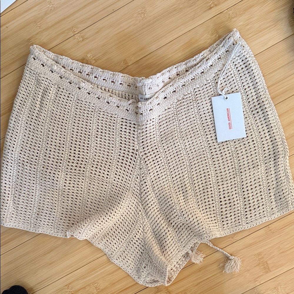 Good American High Waist Cream Crochet Shorts